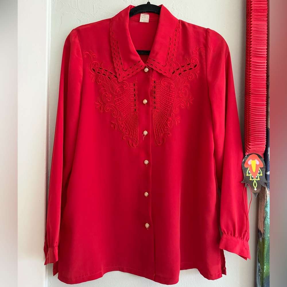 Elegant Red Embroidered Women's Top 38 /Medium
